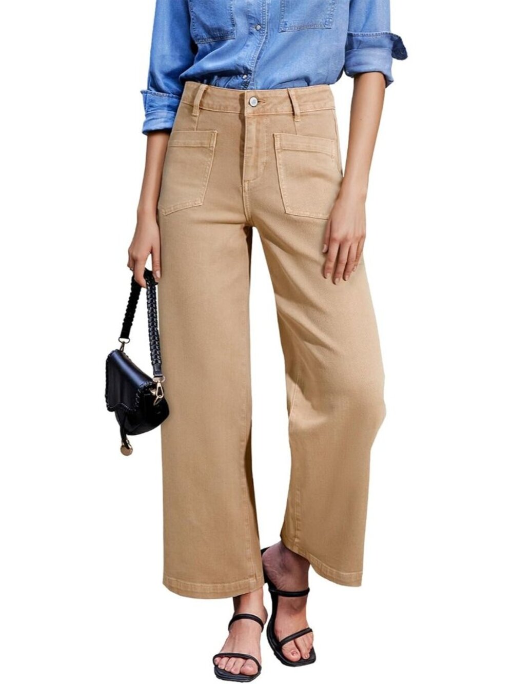 Women's Khaki Wide Leg Jeans High Waisted Stretchy Stylish Ankle Denim Pant